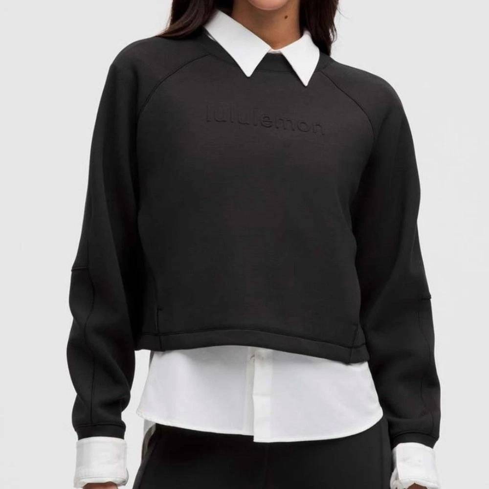 lululemon athletica Black Cropped Crewneck Pullover Graphic Chest Logo Raglan 6